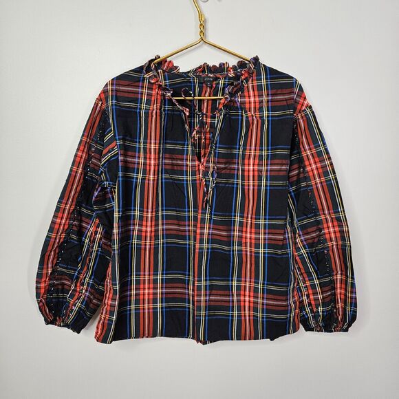 J. Crew Tops - J. Crew Women’s Medium Scalloped Tie Neck Top In Stewart Tartan Plaid